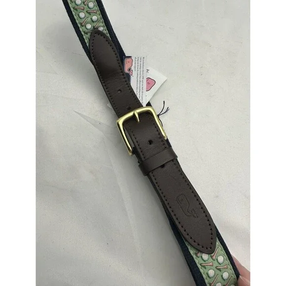 Vineyard Vines Belt Mens 30 Golf Tees Balls Brown Leather Blue Canvas NWT - Picture 10 of 10